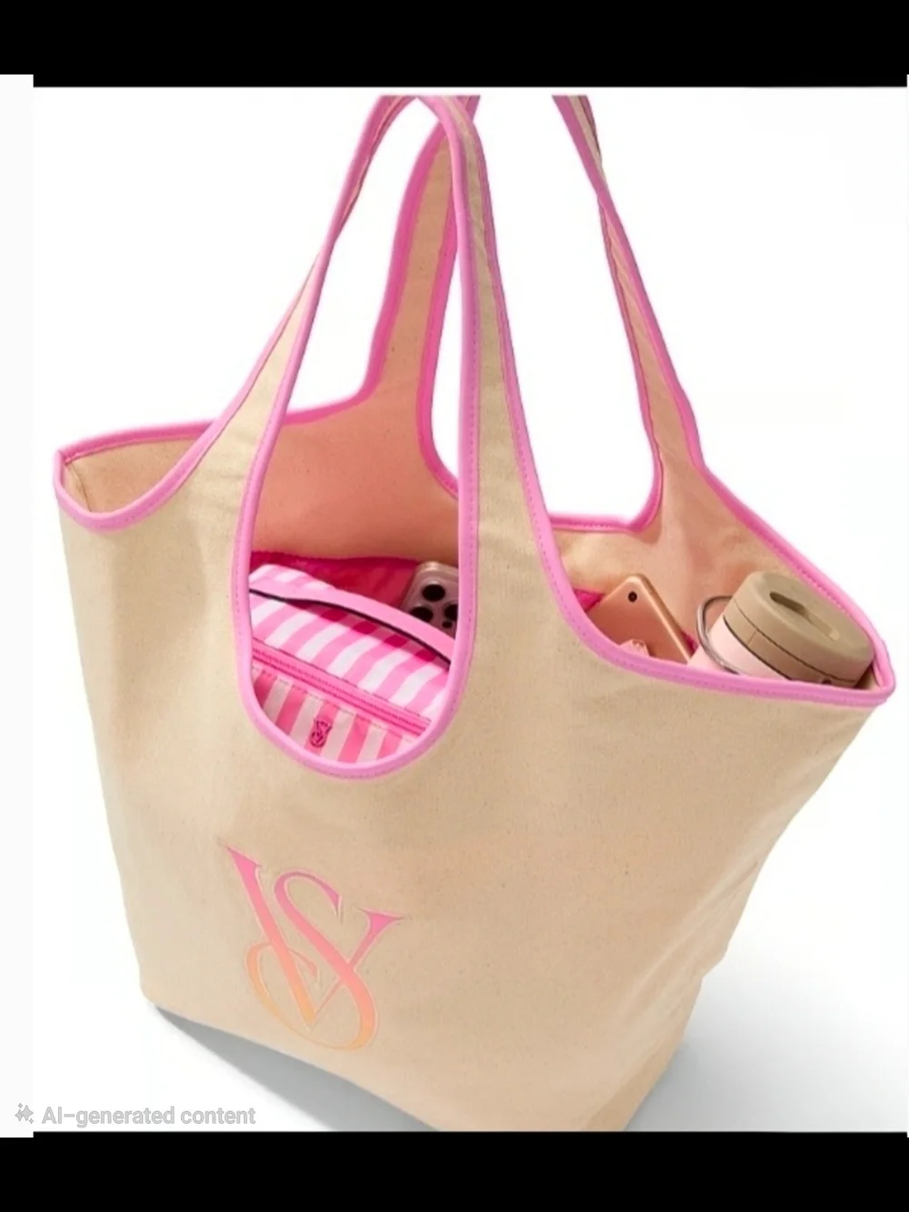 PINK Victoria's Secret Beige Canvas Tote with Pink Trim